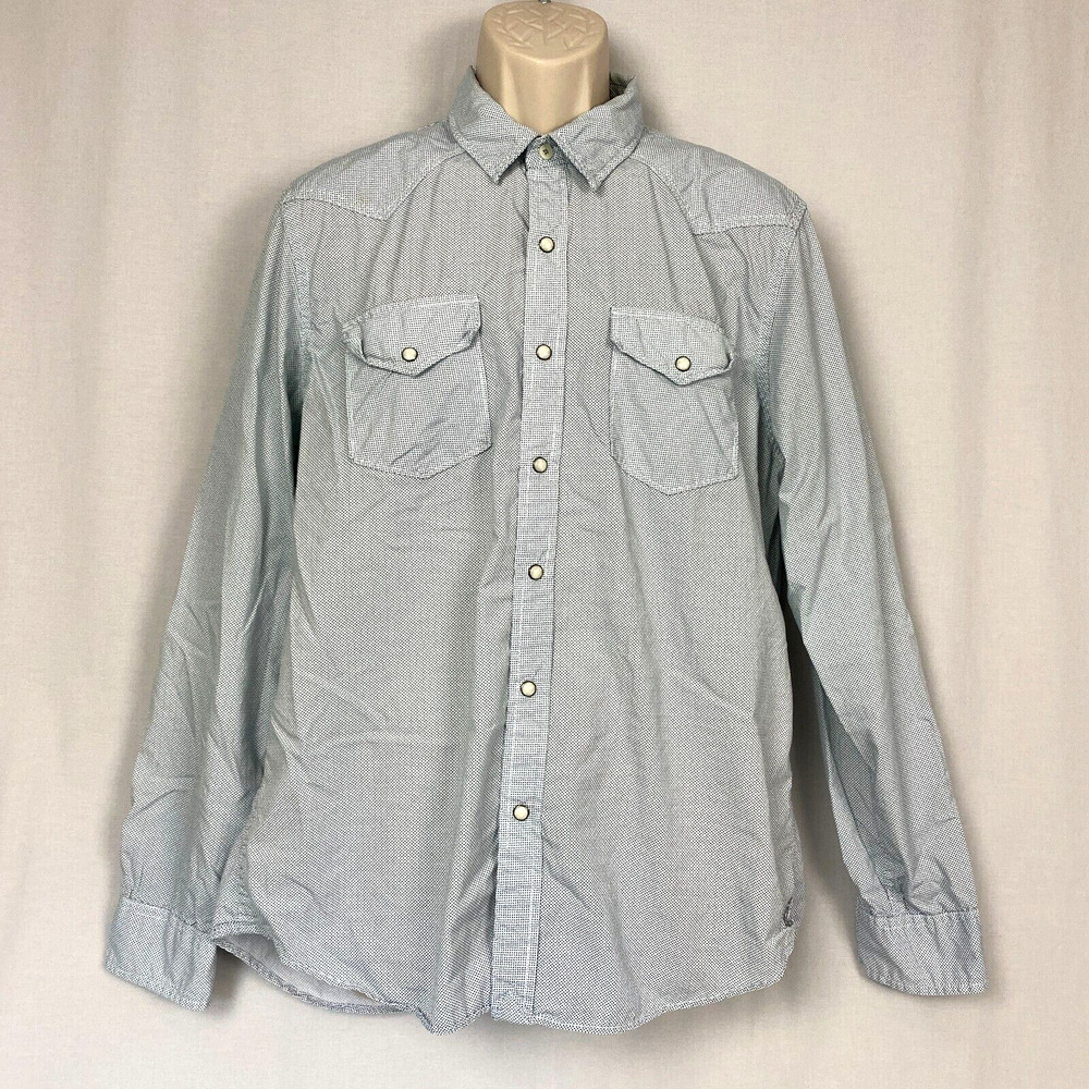 American Eagle Western Pearl Snap Shirt Mens Large Vintage Fit Blue White Dot